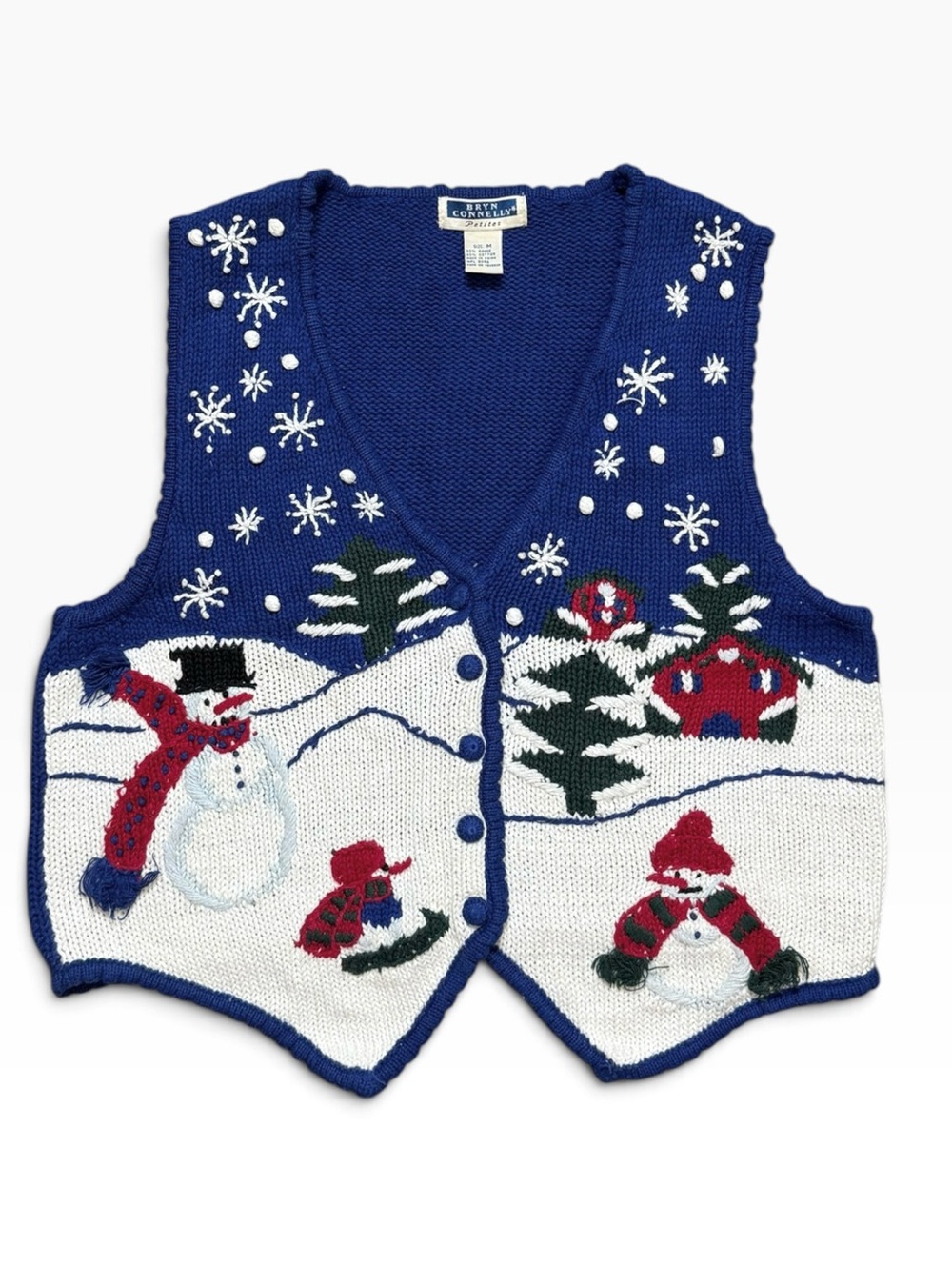 Vintage Sweater Vest Knit Winter Snow Snowflakes Snowman M Medium